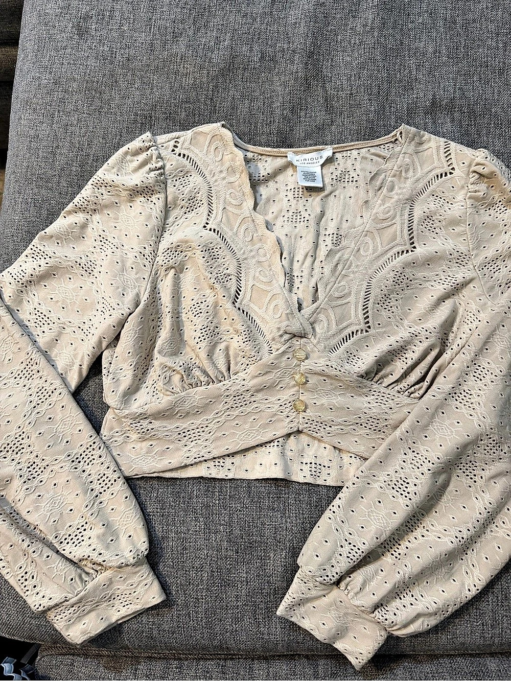 Kirious Los Angeles Soft Eyelet L/S Crop Top in Cream Size Large BOHO Cottagecor
